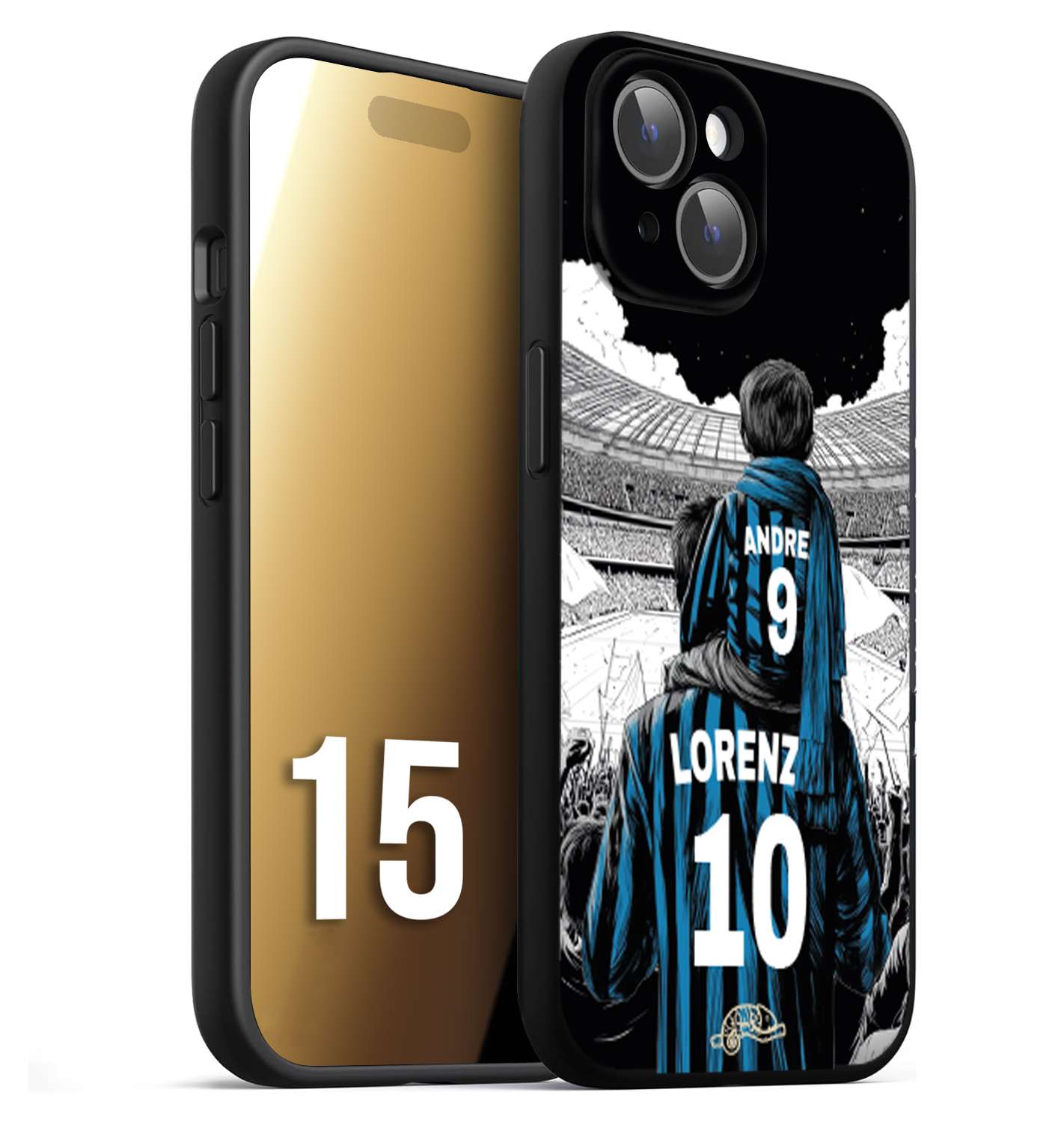 CUSTOMIZZA - Custodia cover nera morbida in tpu compatibile per iPhone 15 personalizzata calcio football padre e figlio calciatori nerazzurra
