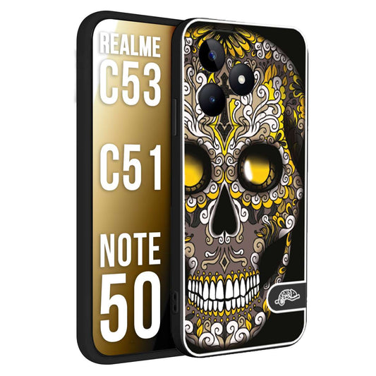 CUSTOMIZZA - Custodia cover nera morbida in tpu compatibile per Oppo Realme C53 - C51 - NOTE 50 teschio messicano Mexican skull nero giallo