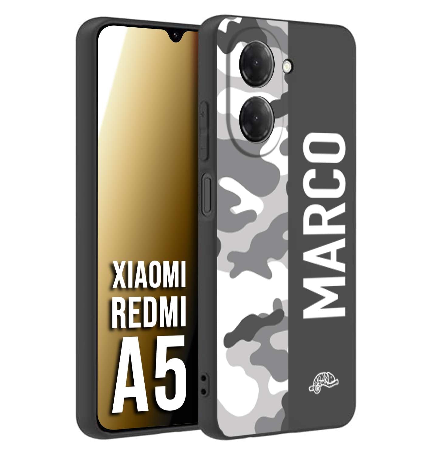 CUSTOMIZZA - Custodia cover nera morbida in tpu compatibile per Xiaomi Redmi A5 camouflage mimetico militare personalizzata nome bianco