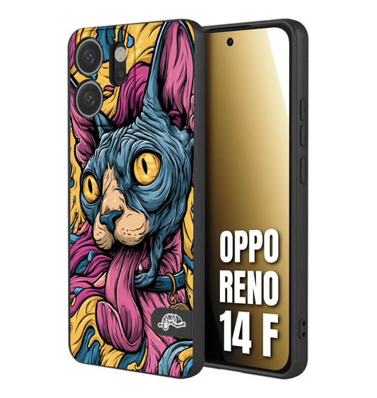 CUSTOMIZZA - Custodia cover nera morbida in tpu compatibile per Oppo Reno 14 F Sphynx Colorato Pop Art Psichedelico Gatto Blu Rosa Giallo Artistica Fantasy