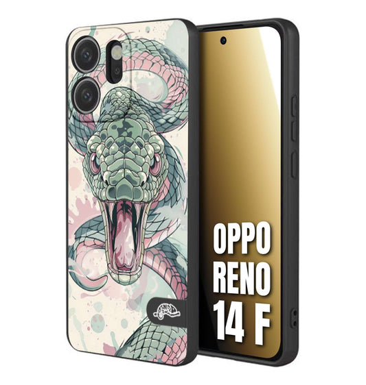 CUSTOMIZZA - Custodia cover nera morbida in tpu compatibile per Oppo Reno 14 F snake pink green serpente tatuaggio tattoo disegnato a mano