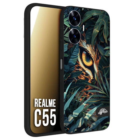 CUSTOMIZZA - Custodia cover nera morbida in tpu compatibile per Realme C55 animali color giungla tropicale occhio di giaguaro felino disegnato