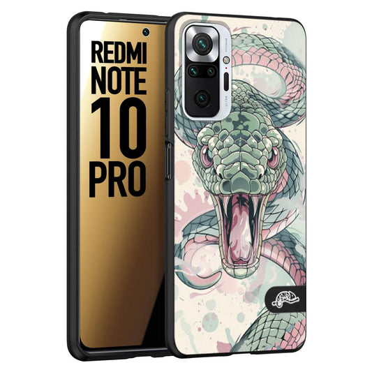 CUSTOMIZZA - Custodia cover nera morbida in tpu compatibile per Xiaomi Redmi Note 10 PRO snake pink green serpente tatuaggio tattoo disegnato a mano