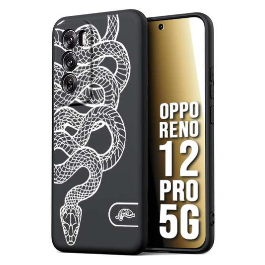CUSTOMIZZA - Custodia cover nera morbida in tpu compatibile per Oppo Reno 12 PRO 5G serpente snake bianco a rilievo disegnato tattoo tatuaggio