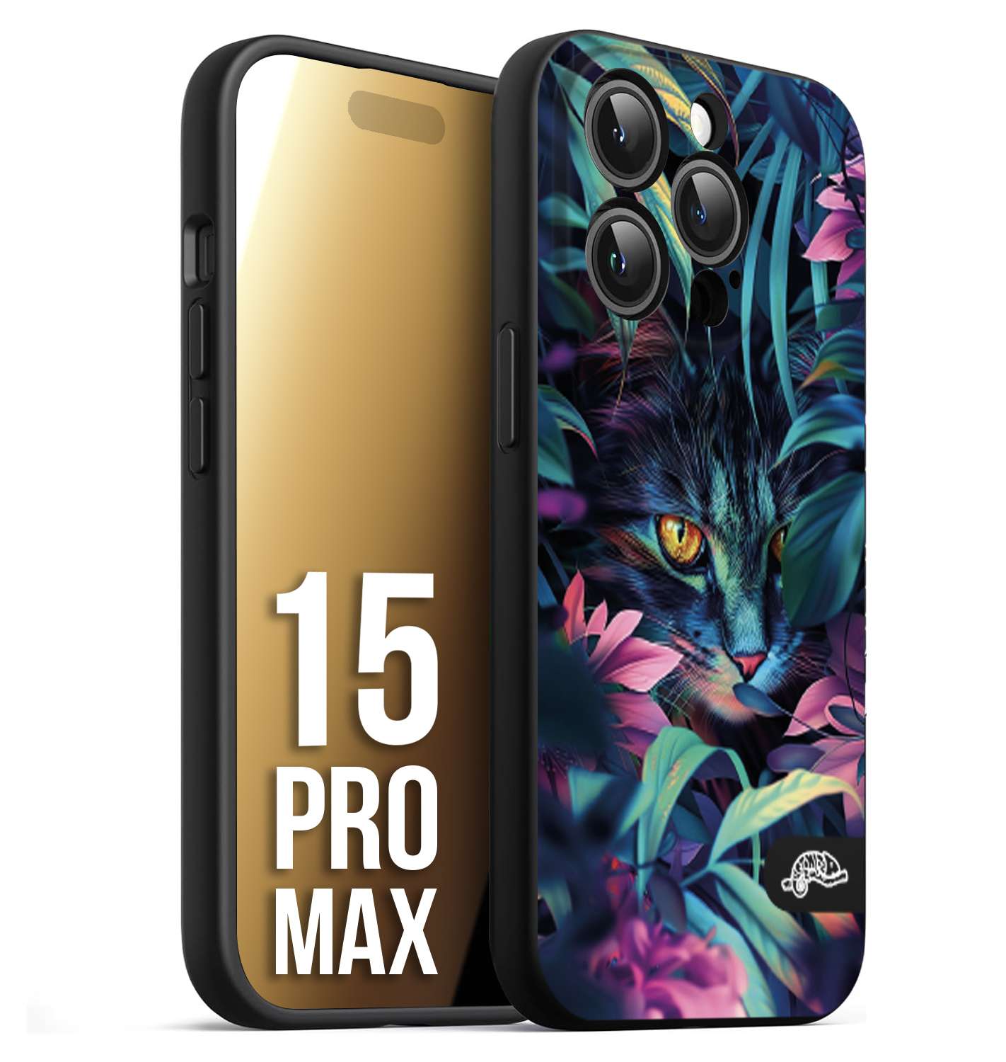 CUSTOMIZZA - Custodia cover nera morbida in tpu compatibile per iPhone 15 PRO MAX animali color giungla tropicale occhio di gatto colori vibranti disegnato