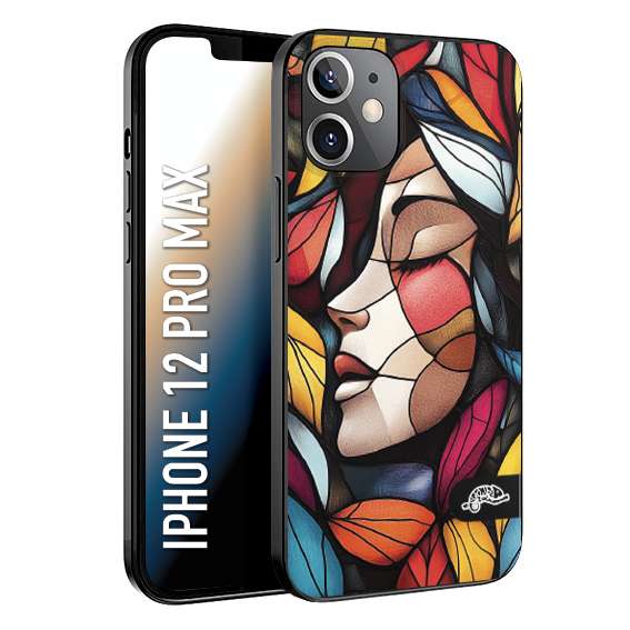 CUSTOMIZZA - Custodia cover nera morbida in tpu compatibile per iPhone 12 PRO MAX Vetrata artistica volto di donna profilo fogliare mosaico di vetro colorato
