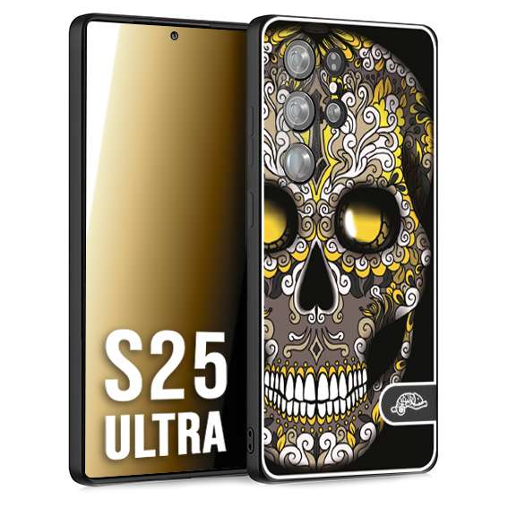 CUSTOMIZZA - Custodia cover nera morbida in tpu compatibile per Samsung S25 ULTRA teschio messicano Mexican skull nero giallo