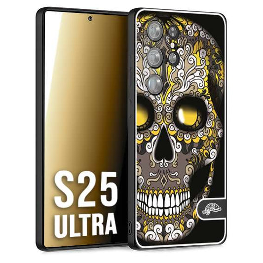 CUSTOMIZZA - Custodia cover nera morbida in tpu compatibile per Samsung S25 ULTRA teschio messicano Mexican skull nero giallo