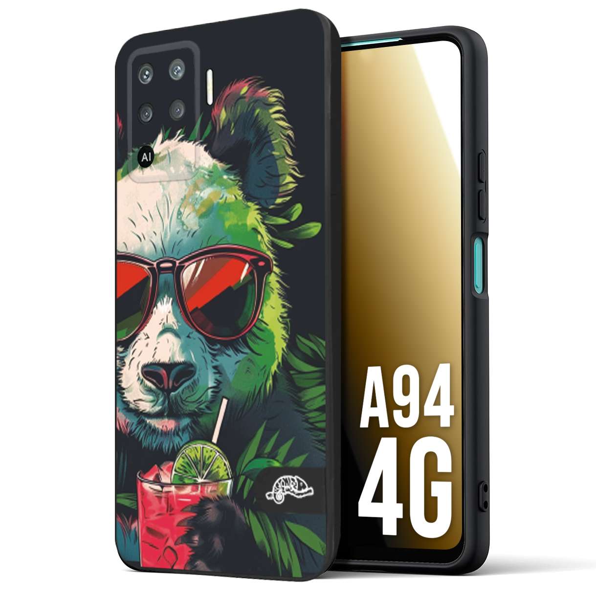 CUSTOMIZZA - Custodia cover nera morbida in tpu compatibile per Oppo A94 4G estate disegnata cocktails animali simpatici panda mojito