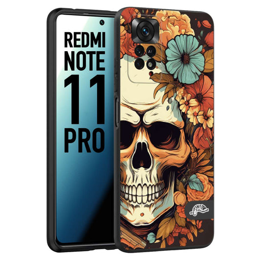 CUSTOMIZZA - Custodia cover nera morbida in tpu compatibile per Xiaomi Redmi Note 11 PRO teschio skull flowers fiori autunnali arancio celeste tattoo
