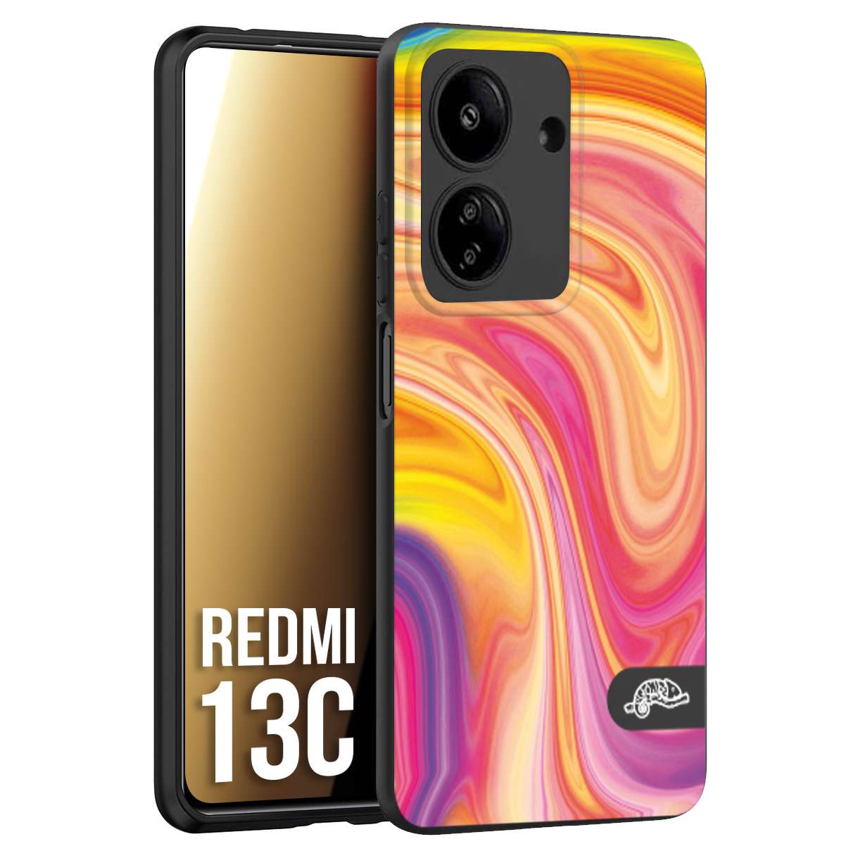 CUSTOMIZZA - Custodia cover nera morbida in tpu compatibile per Xiaomi Redmi 13C colorata fantasia vortice marmo onde rosa fucsia gialla