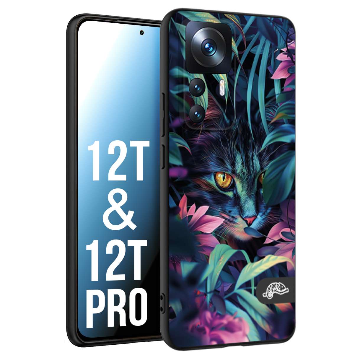 CUSTOMIZZA - Custodia cover nera morbida in tpu compatibile per Xiaomi 12T - 12T PRO animali color giungla tropicale occhio di gatto colori vibranti disegnato