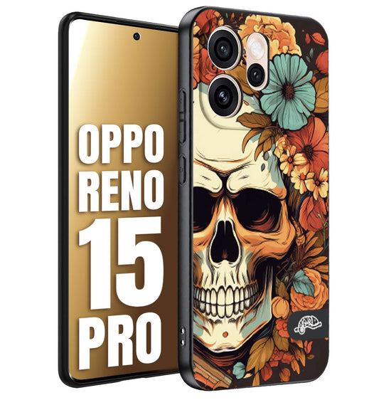 CUSTOMIZZA - Custodia cover nera morbida in tpu compatibile per Oppo Reno 15 PRO teschio skull flowers fiori autunnali arancio celeste tattoo