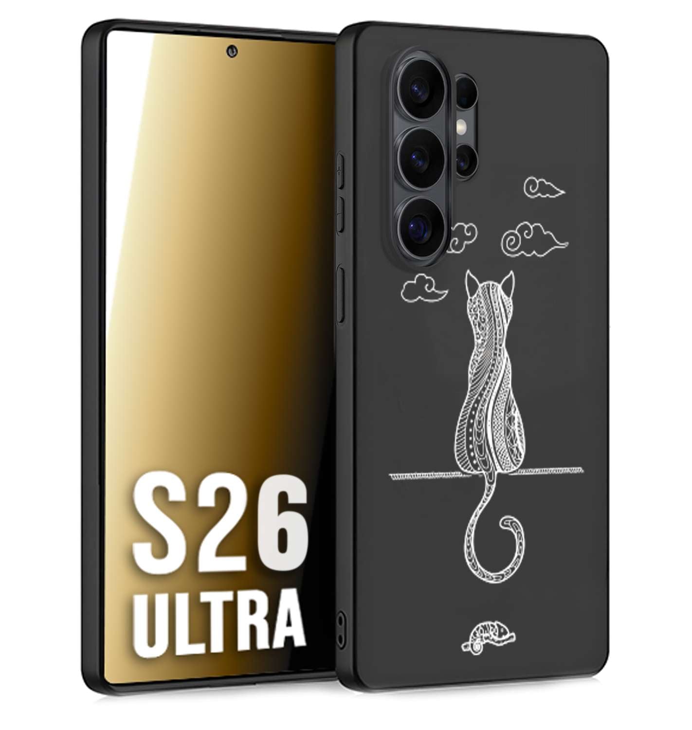 CUSTOMIZZA - Custodia cover nera morbida in tpu compatibile per Samsung S26 ULTRA gatto mandala stilizzato gattino a rilievo soft touch donna bianca