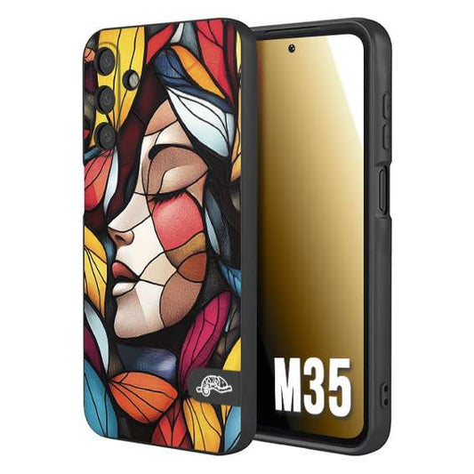 CUSTOMIZZA - Custodia cover nera morbida in tpu compatibile per Samsung M35 Vetrata artistica volto di donna profilo fogliare mosaico di vetro colorato