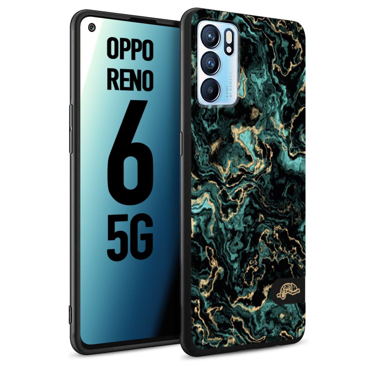 CUSTOMIZZA - Custodia cover nera morbida in tpu compatibile per Oppo Reno 6 5G effetto marmo marble verde green venature dorato pietra