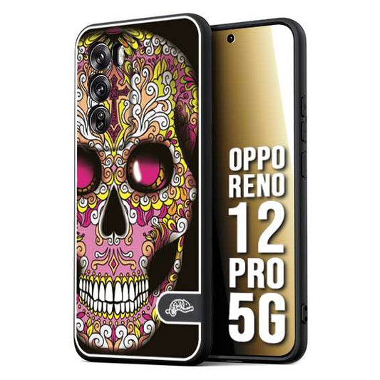 CUSTOMIZZA - Custodia cover nera morbida in tpu compatibile per Oppo Reno 12 PRO 5G teschio messicano Mexican skull rosa gialla