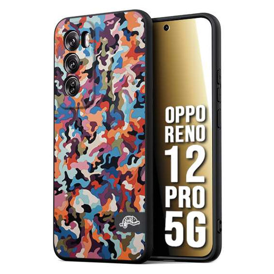 CUSTOMIZZA - Custodia cover nera morbida in tpu compatibile per Oppo Reno 12 PRO 5G camouflage mimetico militare moderno blu arancio rosa
