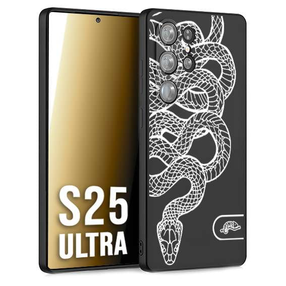 CUSTOMIZZA - Custodia cover nera morbida in tpu compatibile per Samsung S25 ULTRA serpente snake bianco a rilievo disegnato tattoo tatuaggio