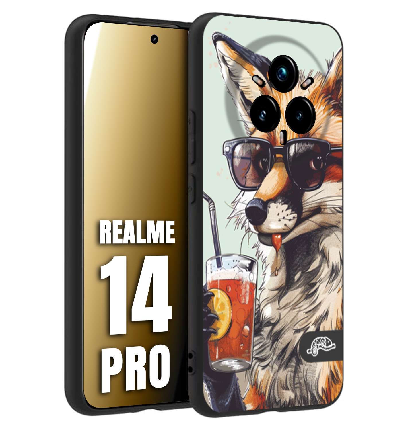 CUSTOMIZZA - Custodia cover nera morbida in tpu compatibile per Realme 14 PRO estate disegnata cocktails animali simpatici fox volpe negroni