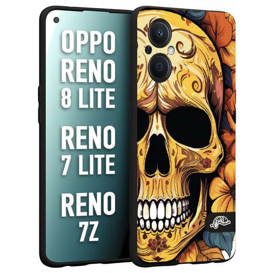 CUSTOMIZZA - Custodia cover nera morbida in tpu compatibile per Oppo Reno 7 Lite - 8 Lite - 7Z teschio messicano colorato dorato fiori autunnali disegnato