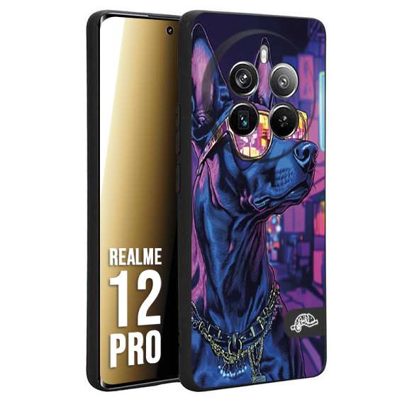 CUSTOMIZZA - Custodia cover nera morbida in tpu compatibile per Realme 12 PRO animali cyberpunk dobermann cane street dog fucsia blu night