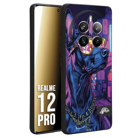 CUSTOMIZZA - Custodia cover nera morbida in tpu compatibile per Realme 12 PRO animali cyberpunk dobermann cane street dog fucsia blu night
