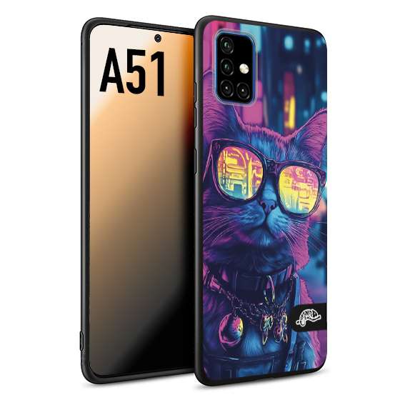 CUSTOMIZZA - Custodia cover nera morbida in tpu compatibile per Samsung A51 animali cyberpunk gatto street cat fucsia blu giallo