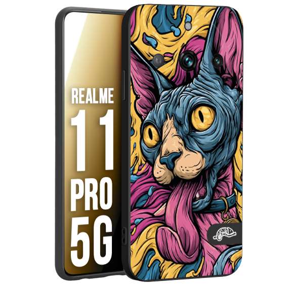 CUSTOMIZZA - Custodia cover nera morbida in tpu compatibile per Realme 11 PRO 5G Sphynx Colorato Pop Art Psichedelico Gatto Blu Rosa Giallo Artistica Fantasy