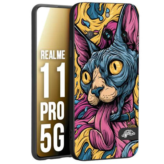 CUSTOMIZZA - Custodia cover nera morbida in tpu compatibile per Realme 11 PRO 5G Sphynx Colorato Pop Art Psichedelico Gatto Blu Rosa Giallo Artistica Fantasy