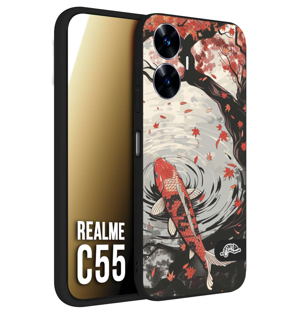 CUSTOMIZZA - Custodia cover nera morbida in tpu compatibile per Realme C55 giapponese lago carpa koi rossa con foglie d'acero rosso disegnata tattoo