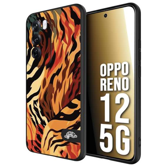 CUSTOMIZZA - Custodia cover nera morbida in tpu compatibile per Oppo Reno 12 5G leopardato maculato tigrato tiger colorata gialla rossa arancio