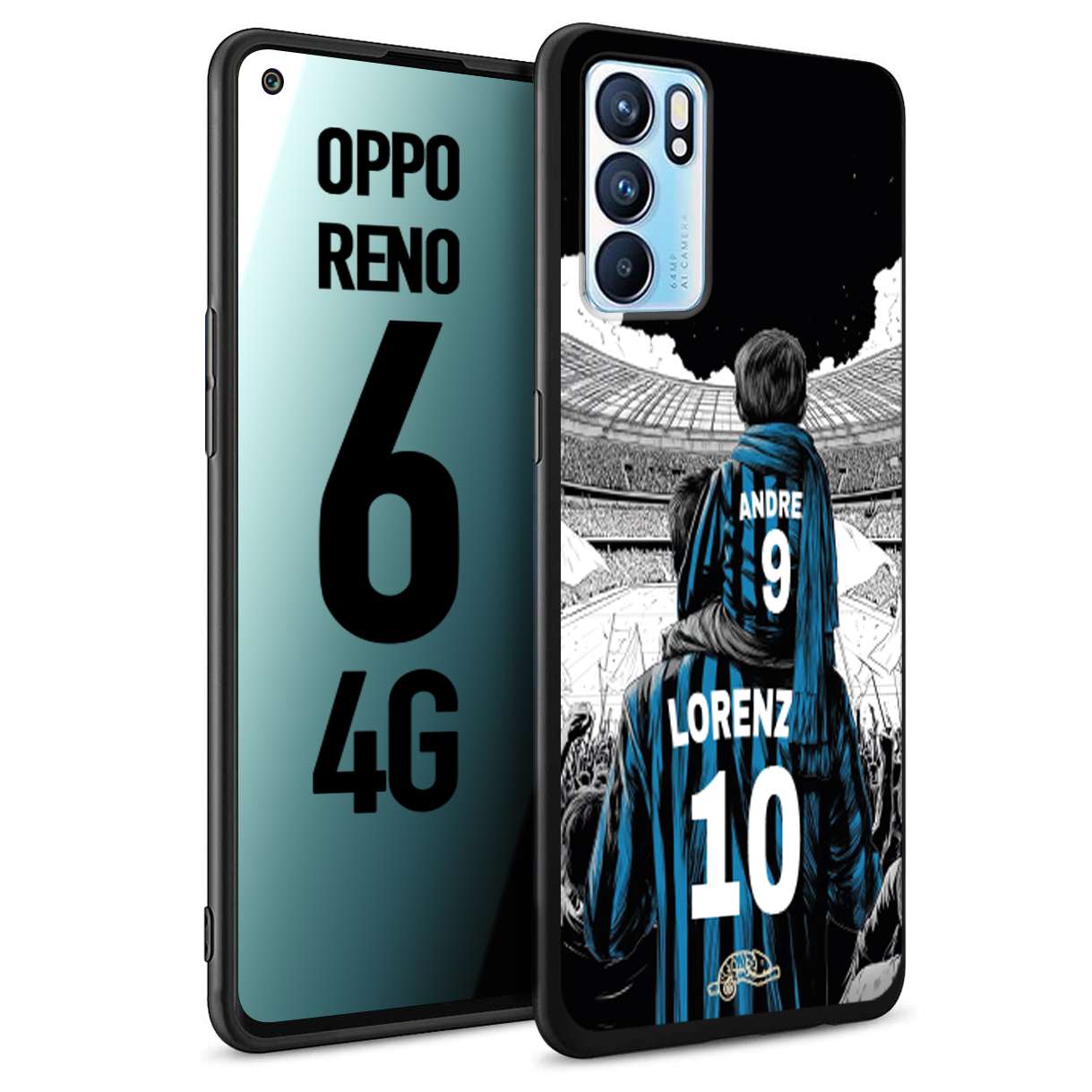 CUSTOMIZZA - Custodia cover nera morbida in tpu compatibile per Oppo Reno 6 4G personalizzata calcio football padre e figlio calciatori nerazzurra