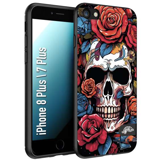 CUSTOMIZZA - Custodia cover nera morbida in tpu compatibile per iPhone 7 Plus - 8 plus teschio skull flowers fiori rose rosse tattoo disegnato