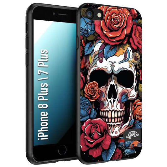 CUSTOMIZZA - Custodia cover nera morbida in tpu compatibile per iPhone 7 Plus - 8 plus teschio skull flowers fiori rose rosse tattoo disegnato