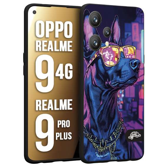 CUSTOMIZZA - Custodia cover nera morbida in tpu compatibile per Realme 9 4G - 9 PRO PLUS animali cyberpunk dobermann cane street dog fucsia blu night