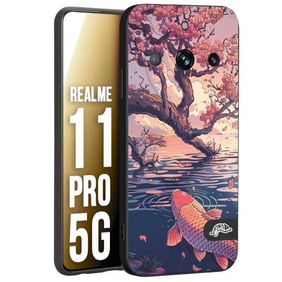 CUSTOMIZZA - Custodia cover nera morbida in tpu compatibile per Oppo Realme 11 PRO 5G giapponese lago carpa koi rosa con foglie d'acero disegnata tattoo