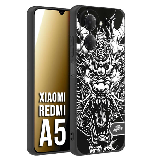 CUSTOMIZZA - Custodia cover nera morbida in tpu compatibile per Xiaomi Redmi A5 drago black and white bianco a rilievo disegnato tattoo tatuaggio