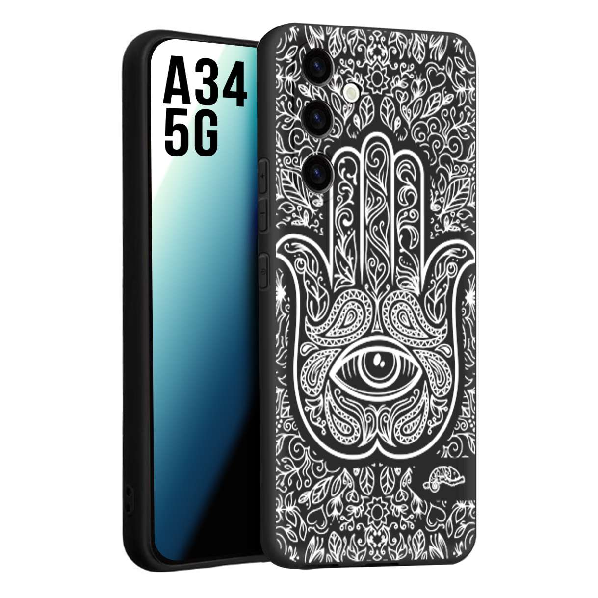 CUSTOMIZZA - Custodia cover nera morbida in tpu compatibile per Samsung A34 5G mano di fatima effetto rilievo mandala donna