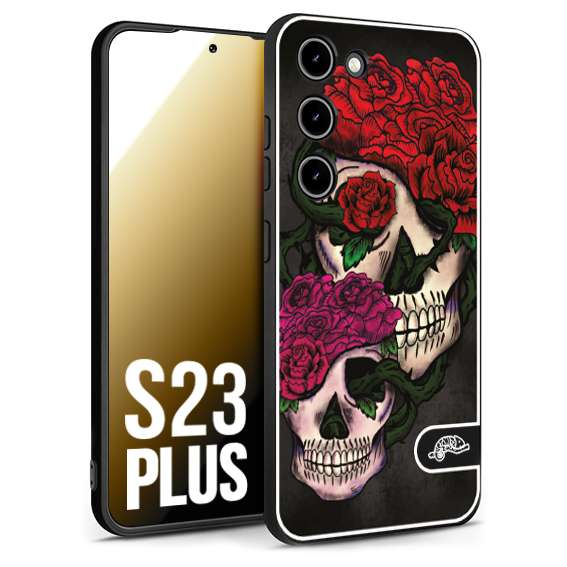 CUSTOMIZZA - Custodia cover nera morbida in tpu compatibile per Samsung S23 PLUS teschi e rose rosse fucsia skull and roses