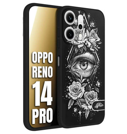 CUSTOMIZZA - Custodia cover nera morbida in tpu compatibile per Oppo Reno 14 PRO occhio fiori rombo geometrico black and white bianco a rilievo disegnato tattoo tatuaggio