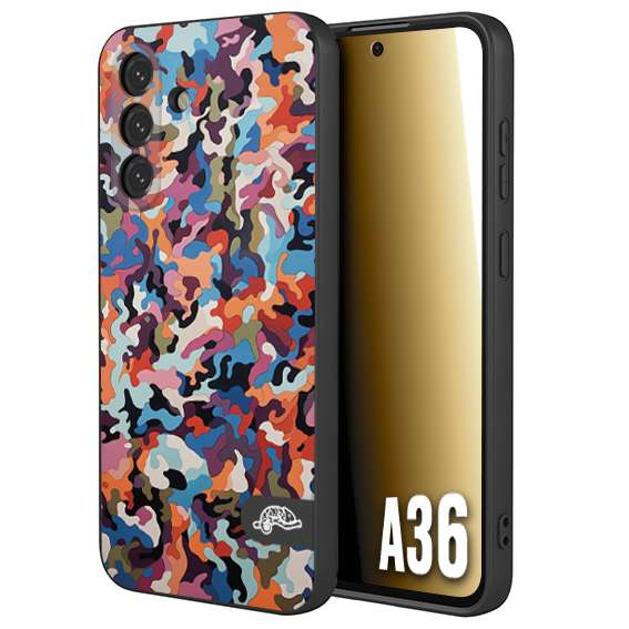 CUSTOMIZZA - Custodia cover nera morbida in tpu compatibile per Samsung A36 camouflage mimetico militare moderno blu arancio rosa