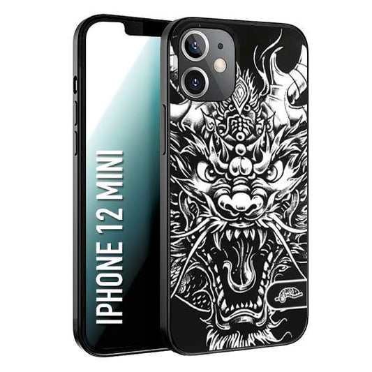 CUSTOMIZZA - Custodia cover nera morbida in tpu compatibile per iPhone 12 MINI drago black and white bianco a rilievo disegnato tattoo tatuaggio