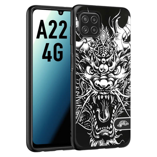 CUSTOMIZZA - Custodia cover nera morbida in tpu compatibile per Samsung A22 4G drago black and white bianco a rilievo disegnato tattoo tatuaggio