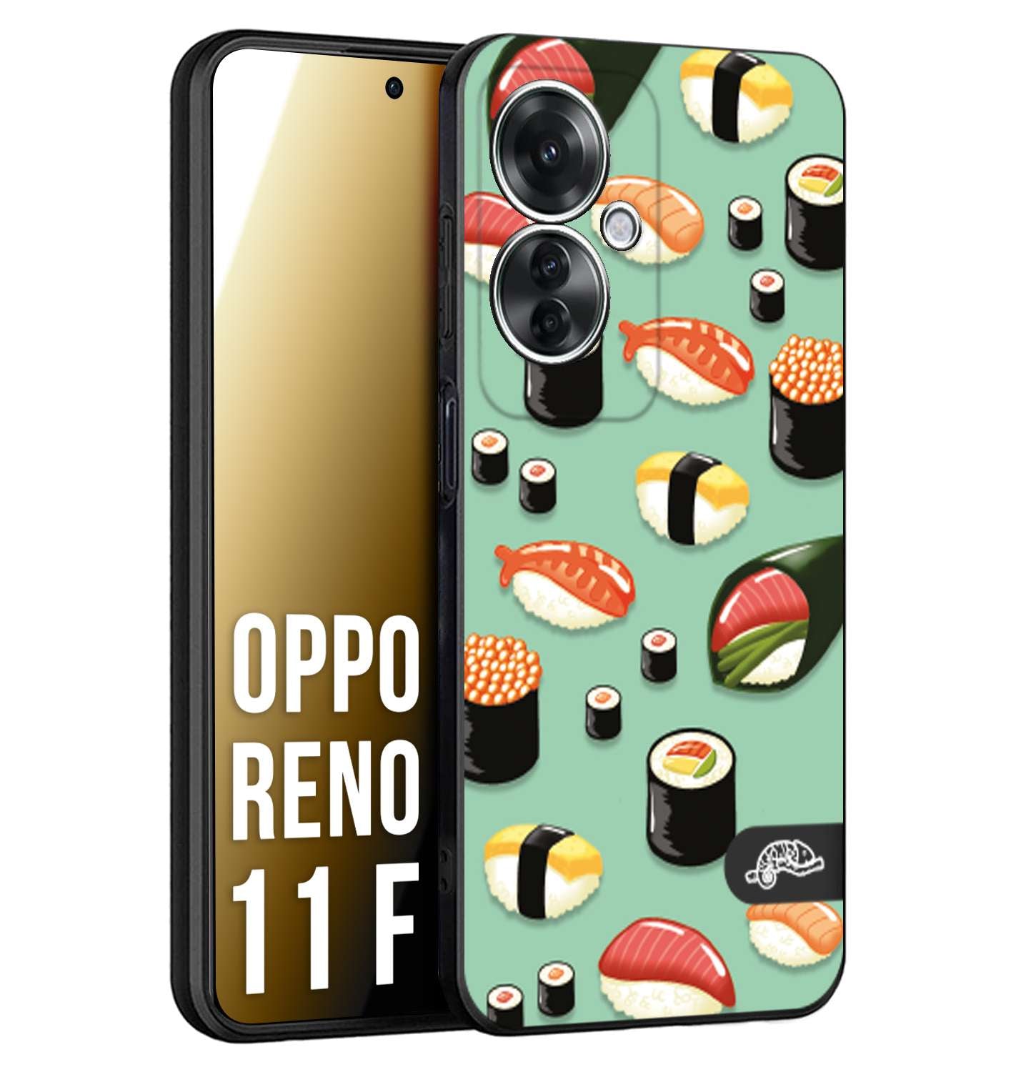 CUSTOMIZZA - Custodia cover nera morbida in tpu compatibile per Oppo Reno 11 F 5G sushi disegni giapponese nighiri acquamarina verde