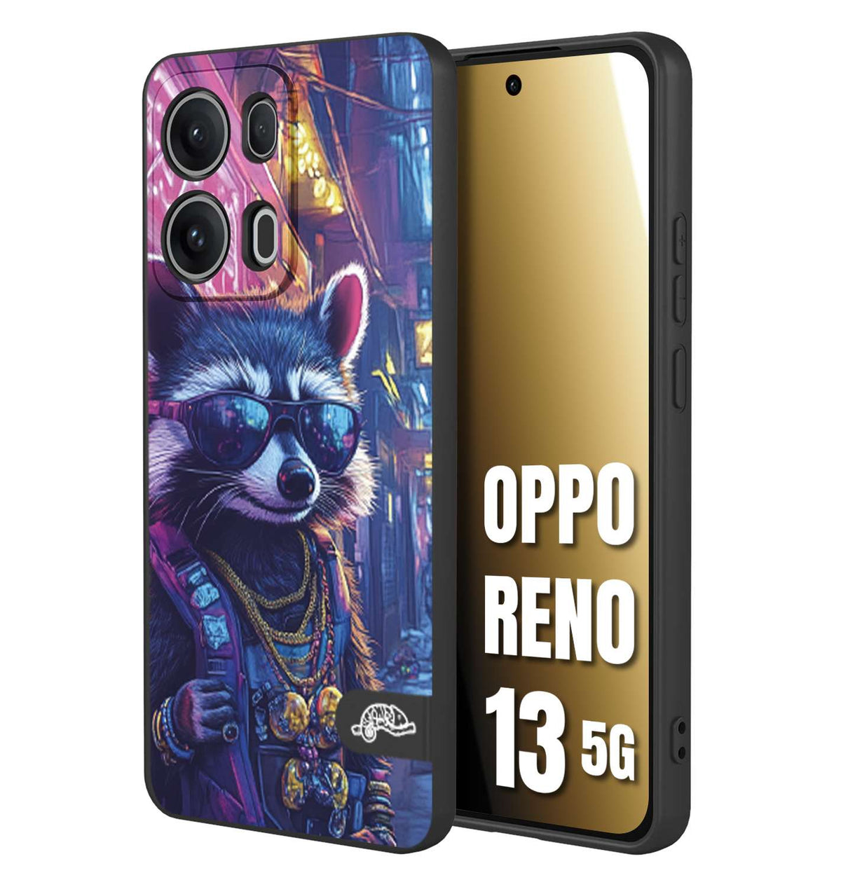 CUSTOMIZZA - Custodia cover nera morbida in tpu compatibile per Oppo Reno 13 5G animali simpatici cyberpunk procione racoon street cat fucsia blu giallo