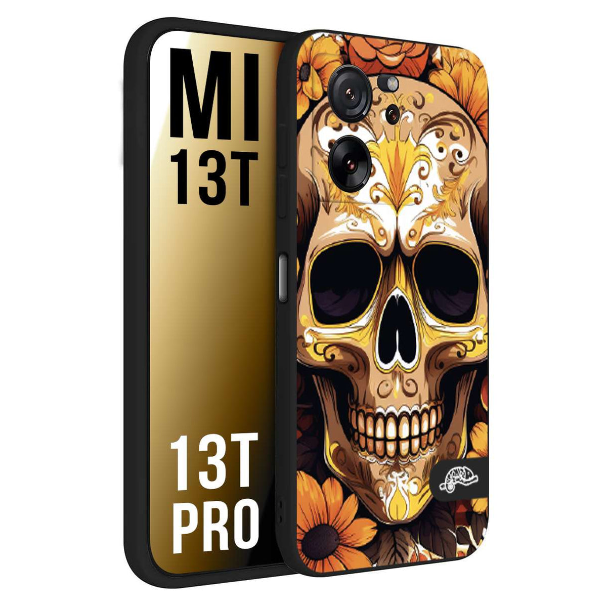 CUSTOMIZZA - Custodia cover nera morbida in tpu compatibile per Xiaomi 13T - 13T PRO teschio messicano colorato dorato fiori tattoo disegnato