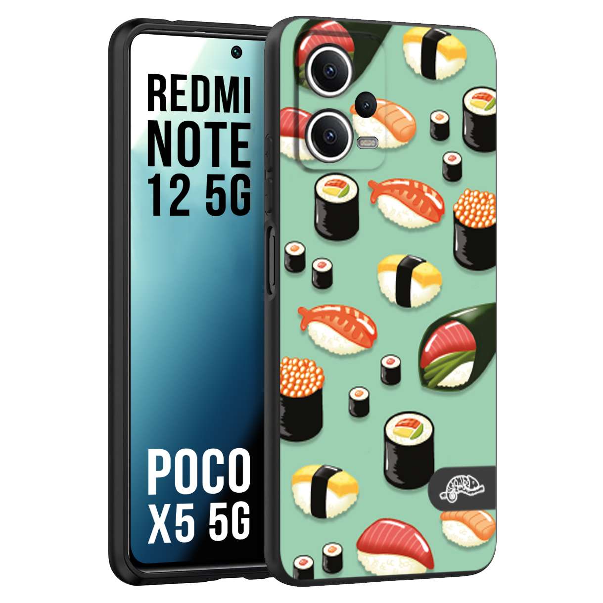 CUSTOMIZZA - Custodia cover nera morbida in tpu compatibile per Xiaomi Redmi Note 12 5G - POCO X5 5G sushi disegni giapponese nighiri acquamarina verde