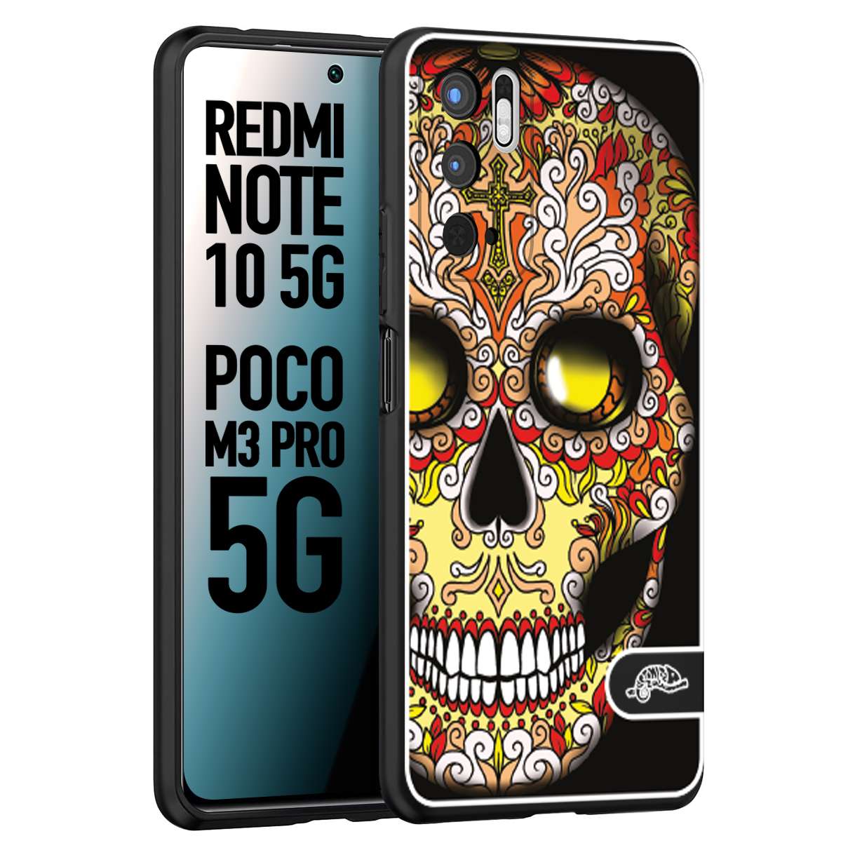 CUSTOMIZZA - Custodia cover nera morbida in tpu compatibile per Xiaomi Redmi Note 10 5G - Poco M3 Pro 5G teschio messicano Mexican skull giallo rosso arancio