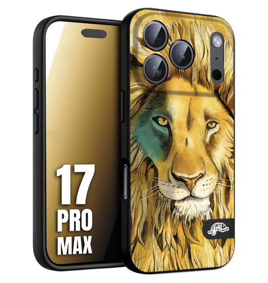CUSTOMIZZA - Custodia cover nera morbida in tpu compatibile per iPhone 17 PRO MAX leone lion disegnato a mano giallo blu a rilievo artistico brown